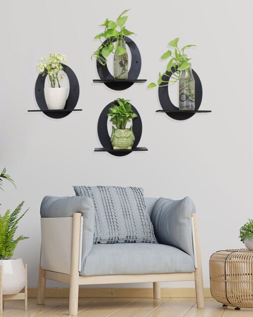 Set of 4 Random Oval Wall Hanging Laminated MDF Plants Black (N5)